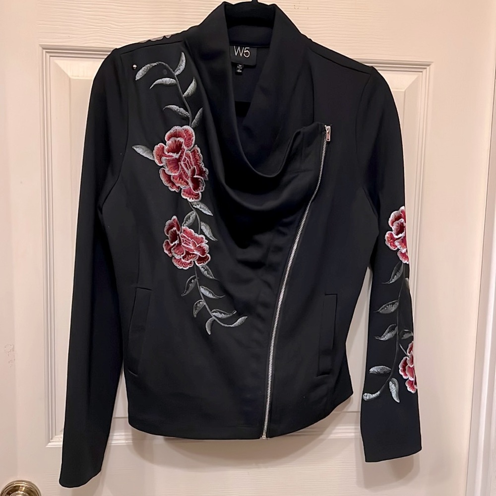 W5 Black Floral Embroidery zip Moto Jacket M
